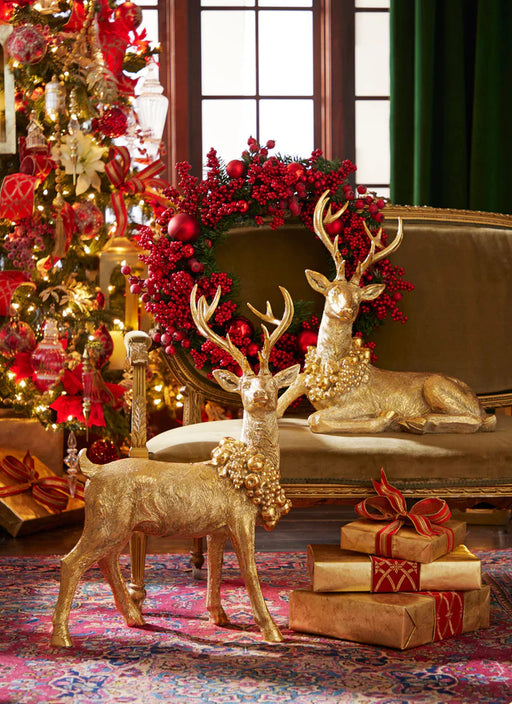 22.5" Gilded Gold Lying Deer With Wreath