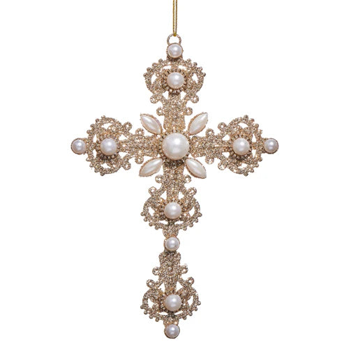 7" Glitter Pearl Cross Ornament