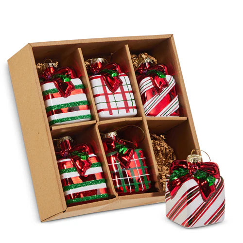 3" Striped Plaid Gift Assorted Ornament Set Of 6