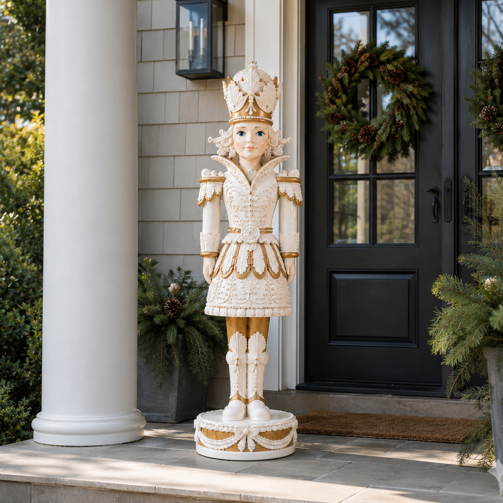 6 FT Lighted Girl White & Gold Nutcracker