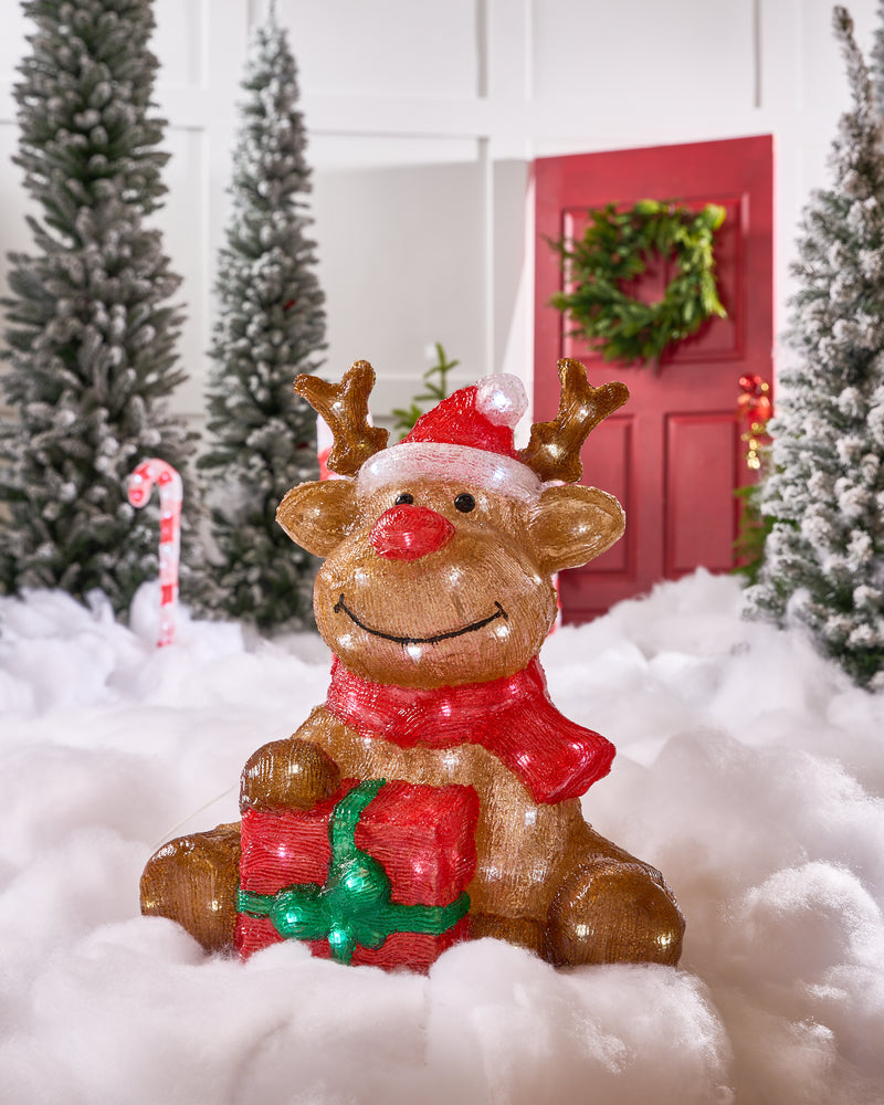 17.5" 80LED Reindeer With Santa Hat & Gift Box