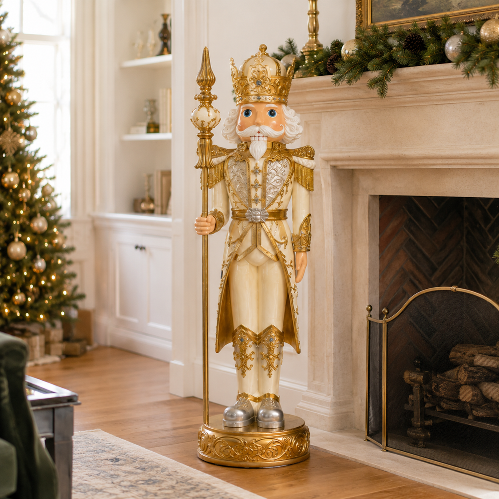 5 FT Gray, Gold & White King Nutcracker With Staff