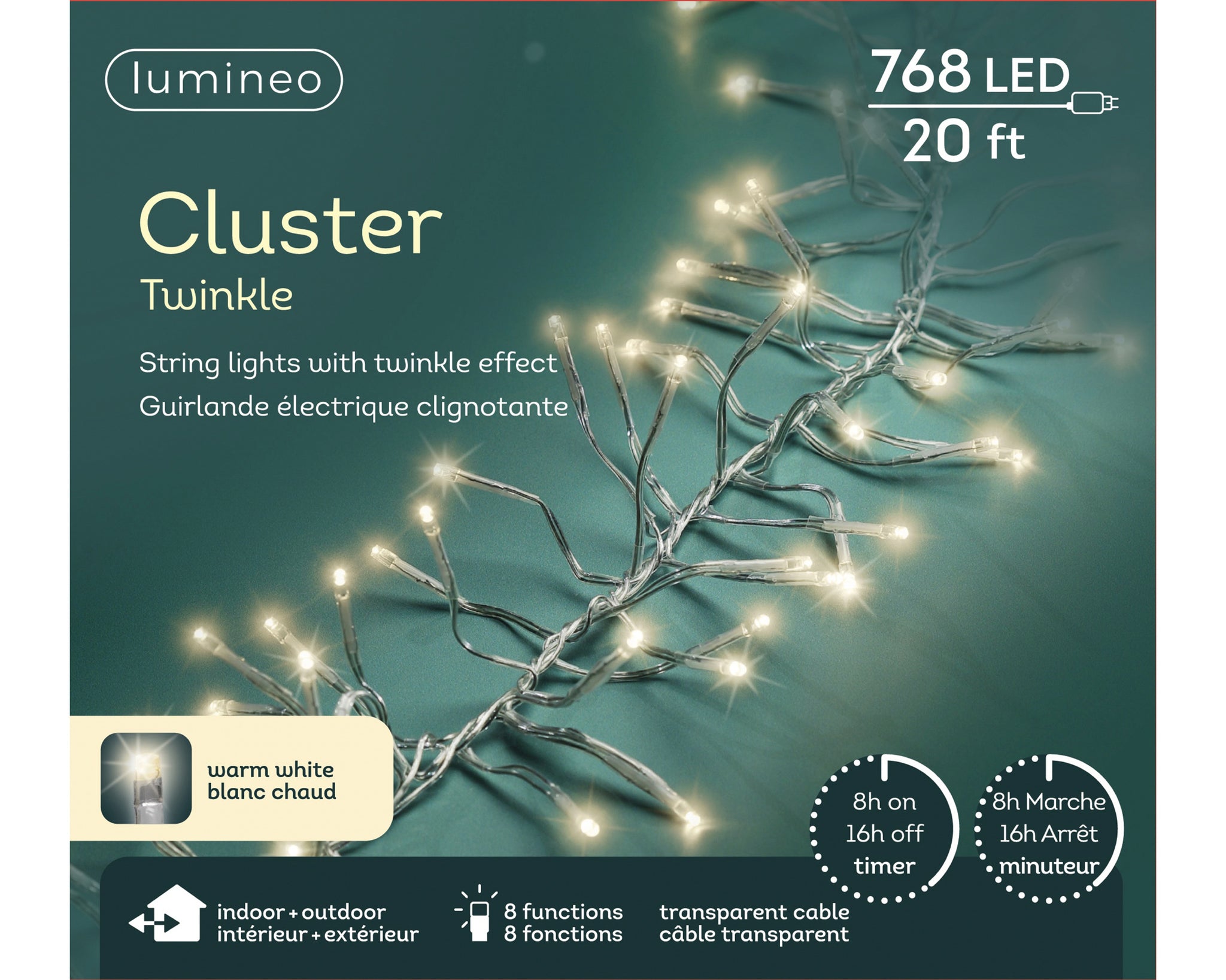 23 FT 768 LED Warm White Cluster Lights With Transparent Wire