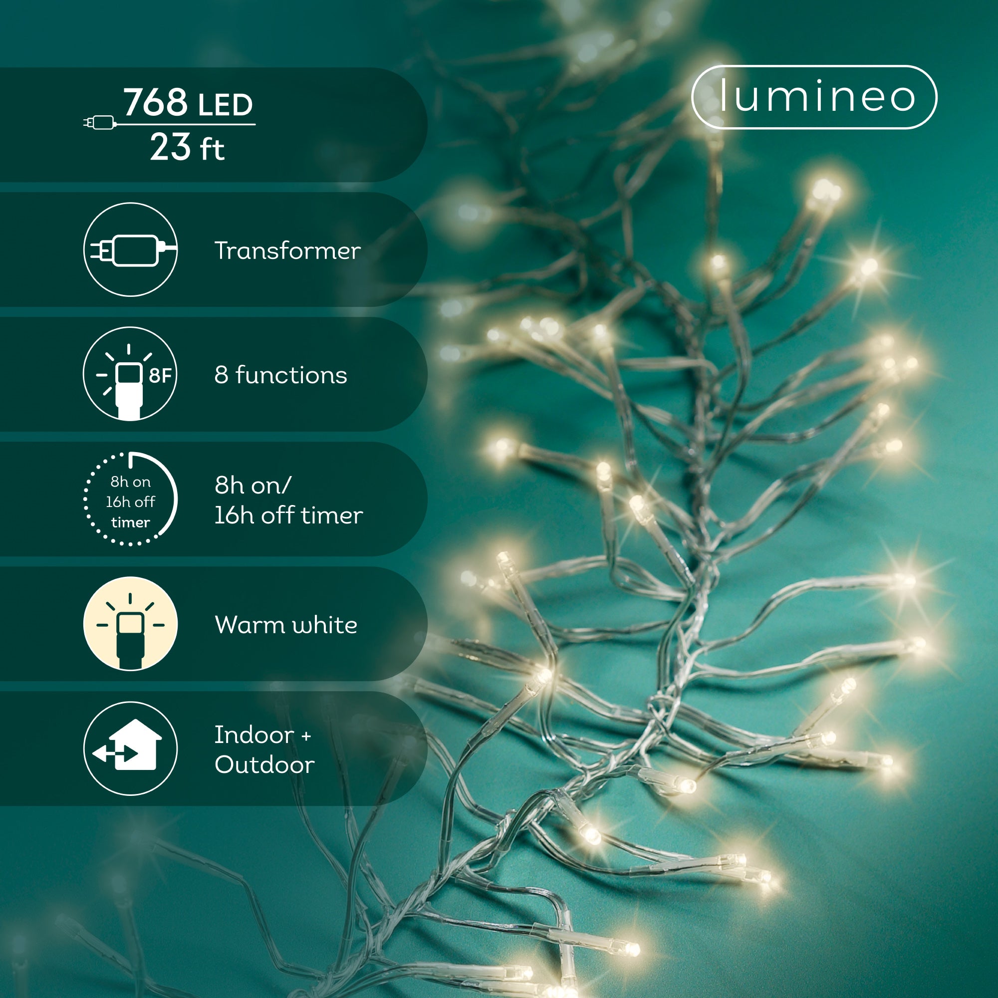 23 FT 768 LED Warm White Cluster Lights With Transparent Wire