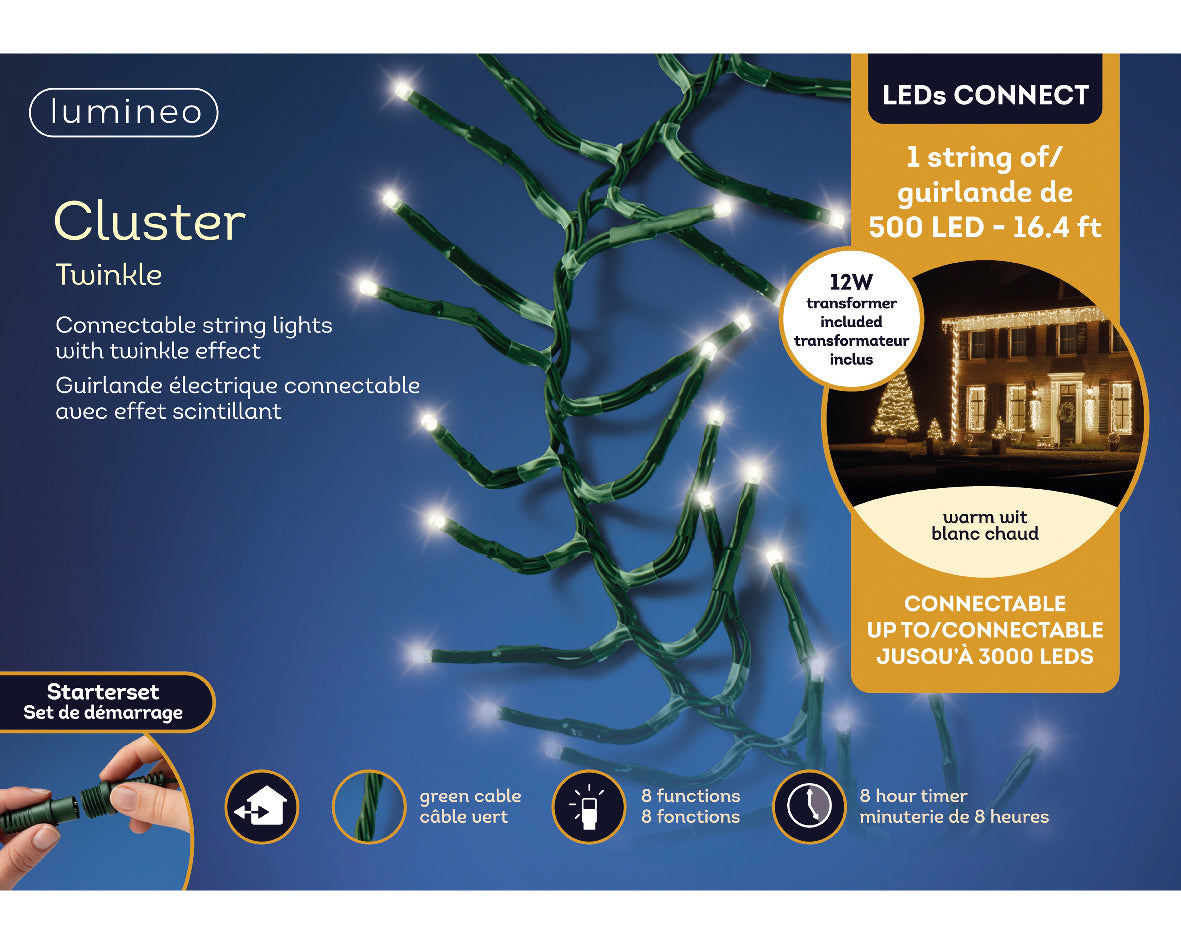 16 FT Cluster Starter Set Warm White With 1 String Of 500 LED Lights
