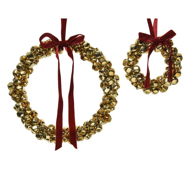 9.8" Gold Wreath Bell With Bow Set Of 2