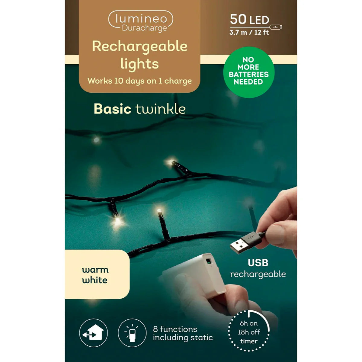 12 FT 50 LED Warm White Twinkle Lights With Black Wire Duracharge