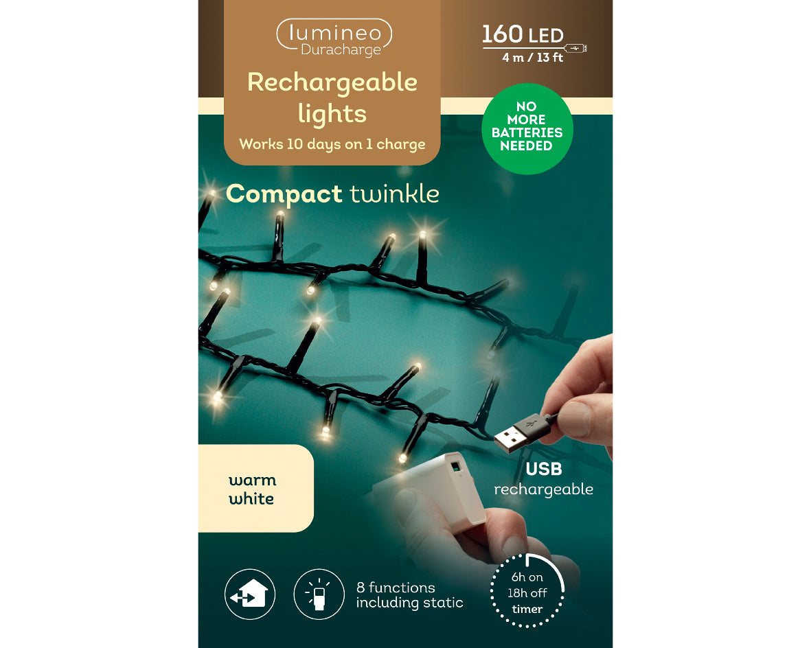 13 FT 160 LED Warm White Compact Lights With Black Wire Battery Operated