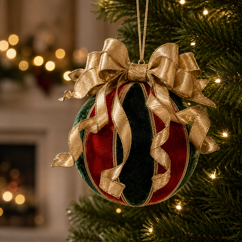 10" Red & Green Velvet Ball Ornament With Bow