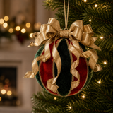 10" Red & Green Velvet Ball Ornament With Bow