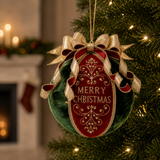 10" Red & Green Velvet "Merry Christmas" Ball Ornament With Bow