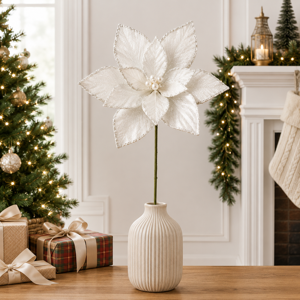 28" White Snowy Poinsettia Stem