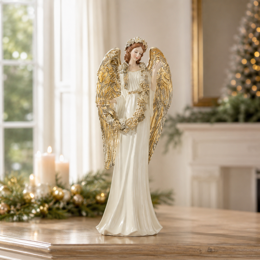 24" Ivory Angel With Gold Wings & Garland