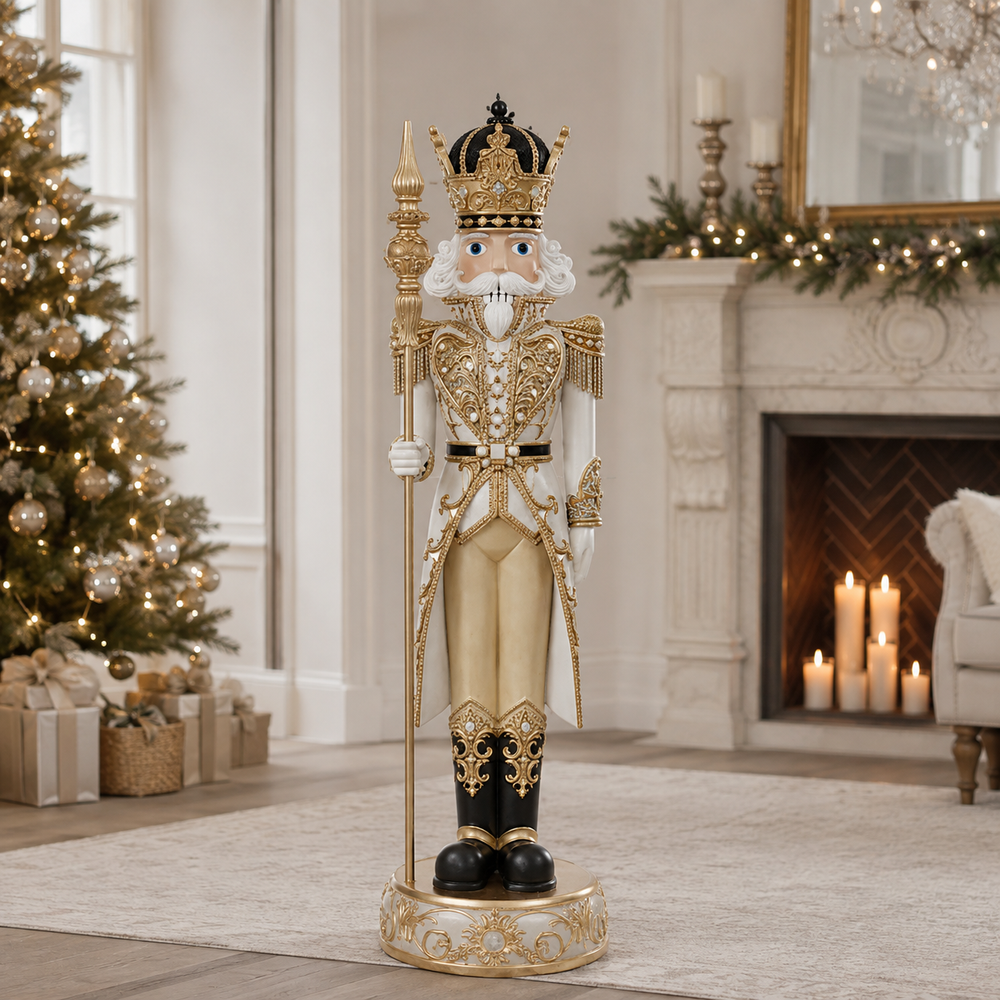 8 FT White & Gold King Nutcracker with Music & Warm White LED Lights