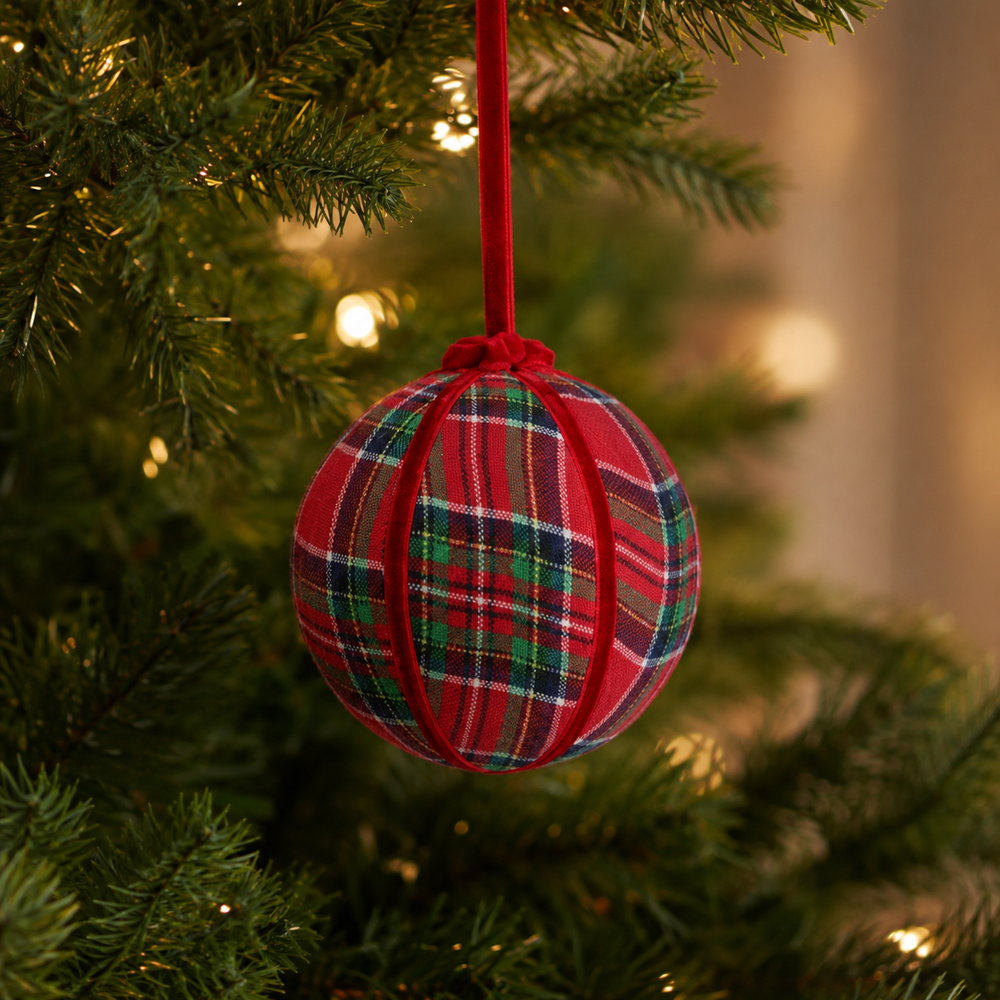 6" Red Plaid Velvet Ball Ornament