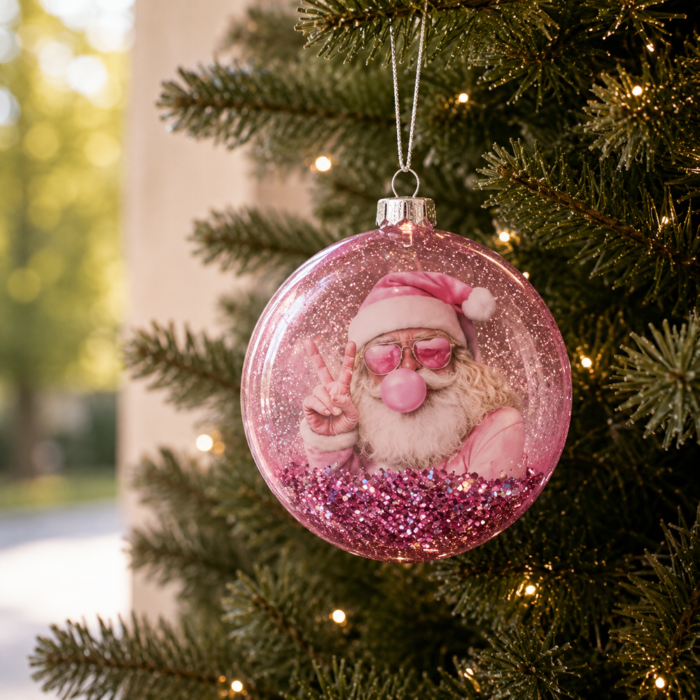 5'' Pink Santa With Bubblegum Glass Disc Ornament