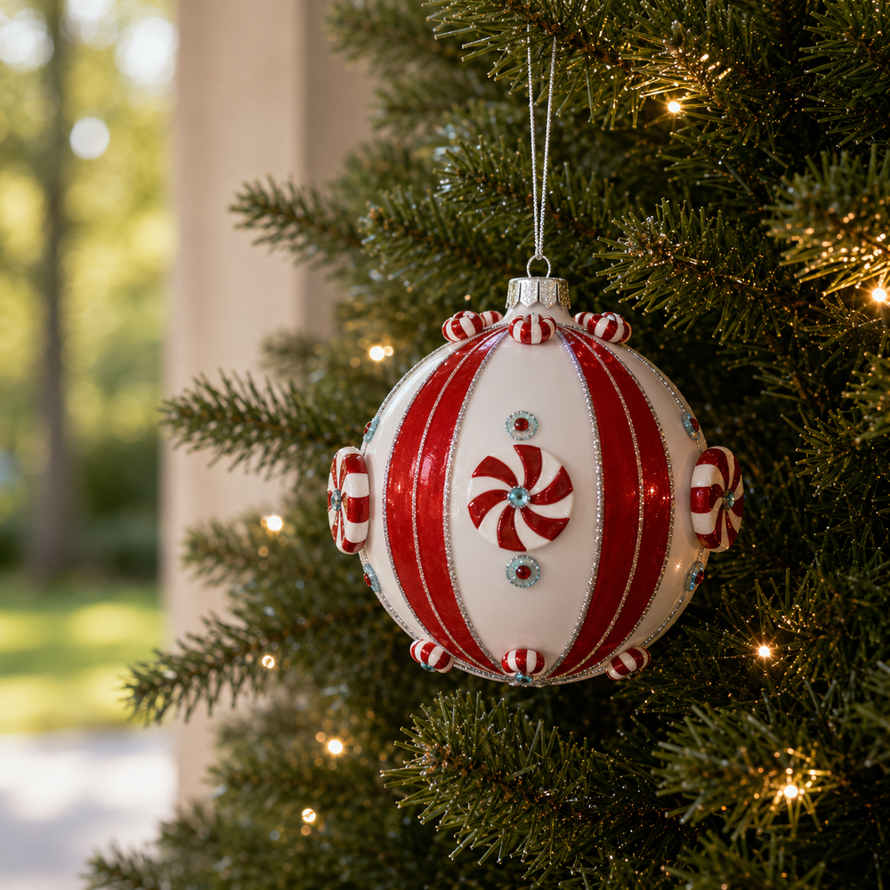 5'' Peppermint Glass Ball Ornament Set Of 2