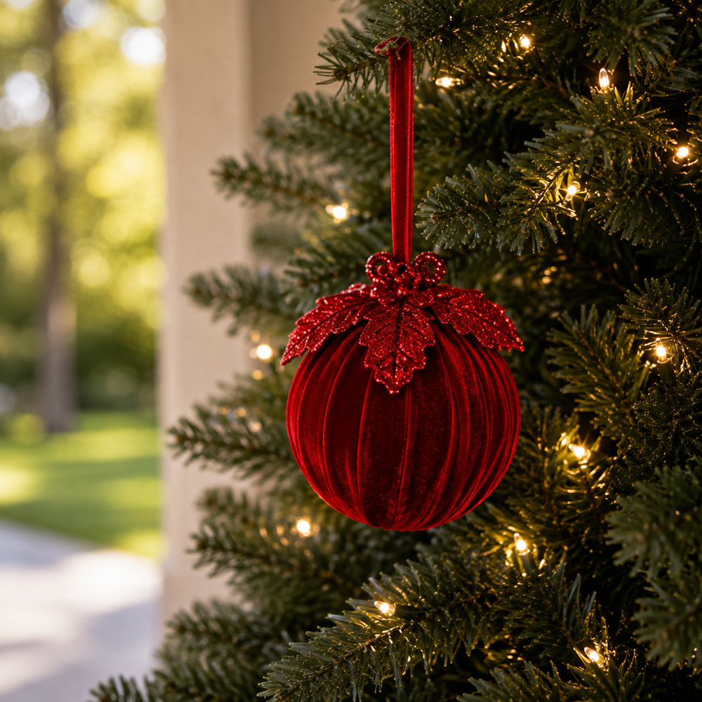 5" Red Velvet Holly Sequin Ball Ornament