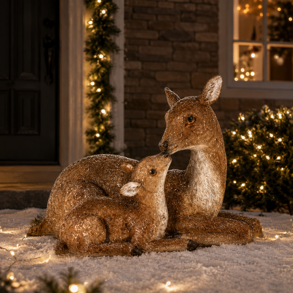 9" Brown Glittered Deer Kissing Baby