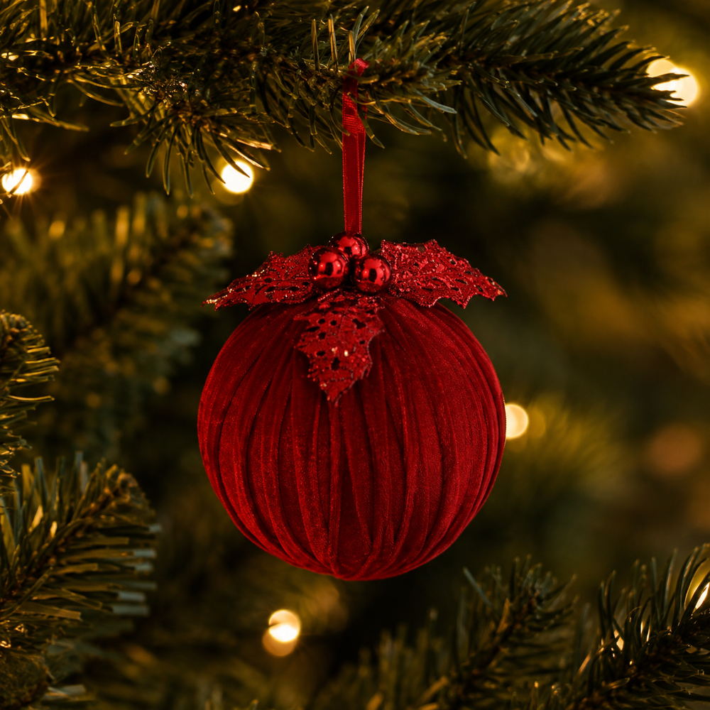 8" Red Velvet Holly Sequin Ball Ornament