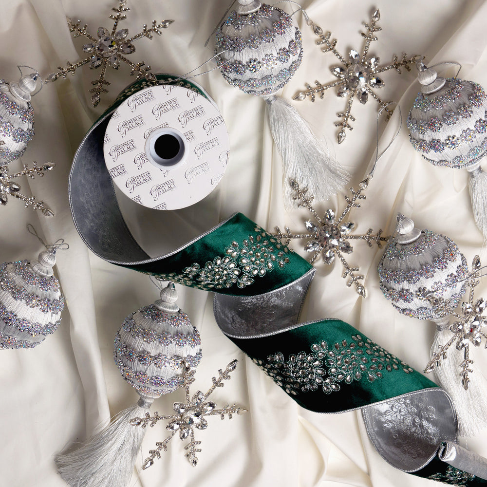 Emerald & Silver Opulence Ornament, Snowflake, & Ribbon Bundle