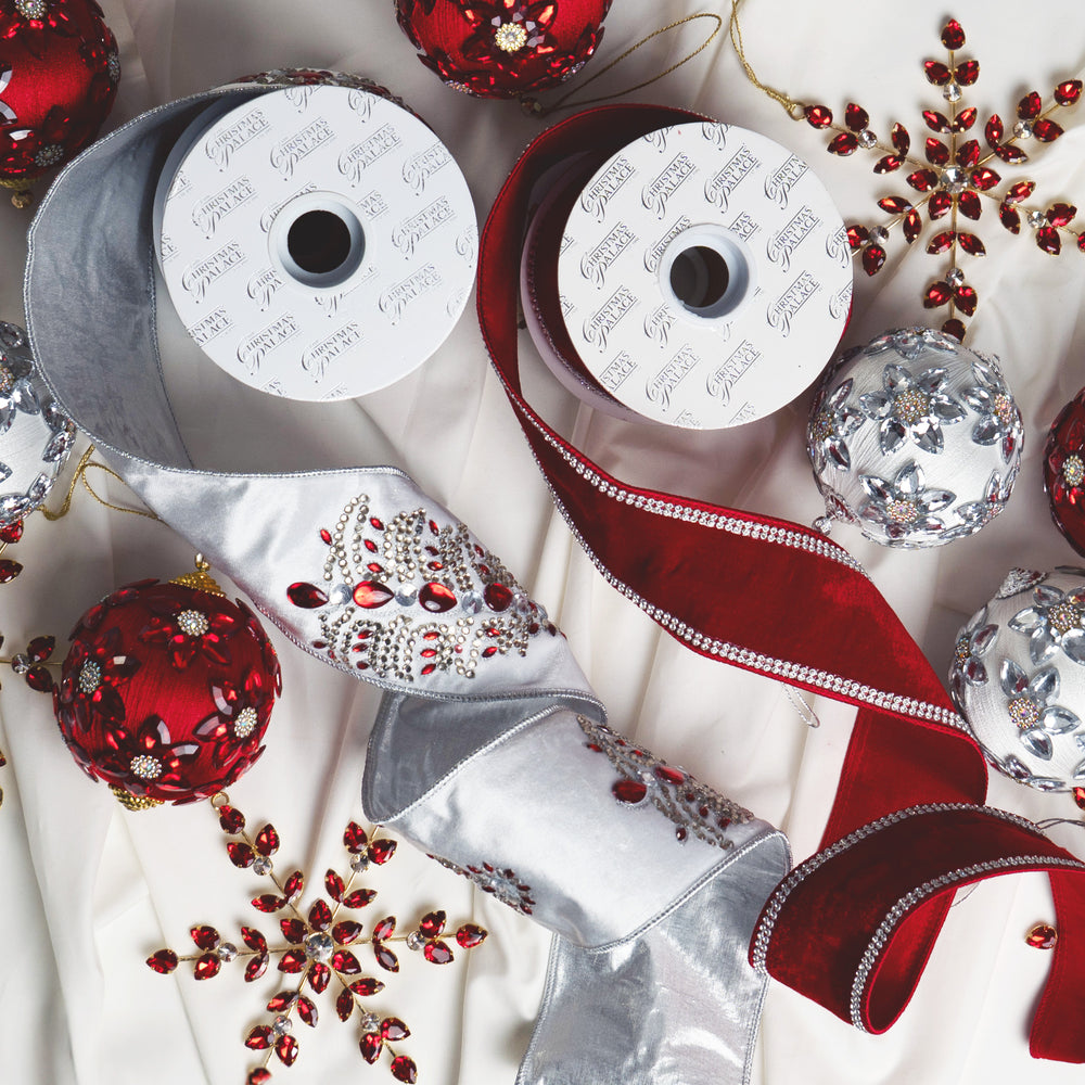 Red, White, & Silver Opulence Ornament, Ribbon, & Tree Skirt Bundle