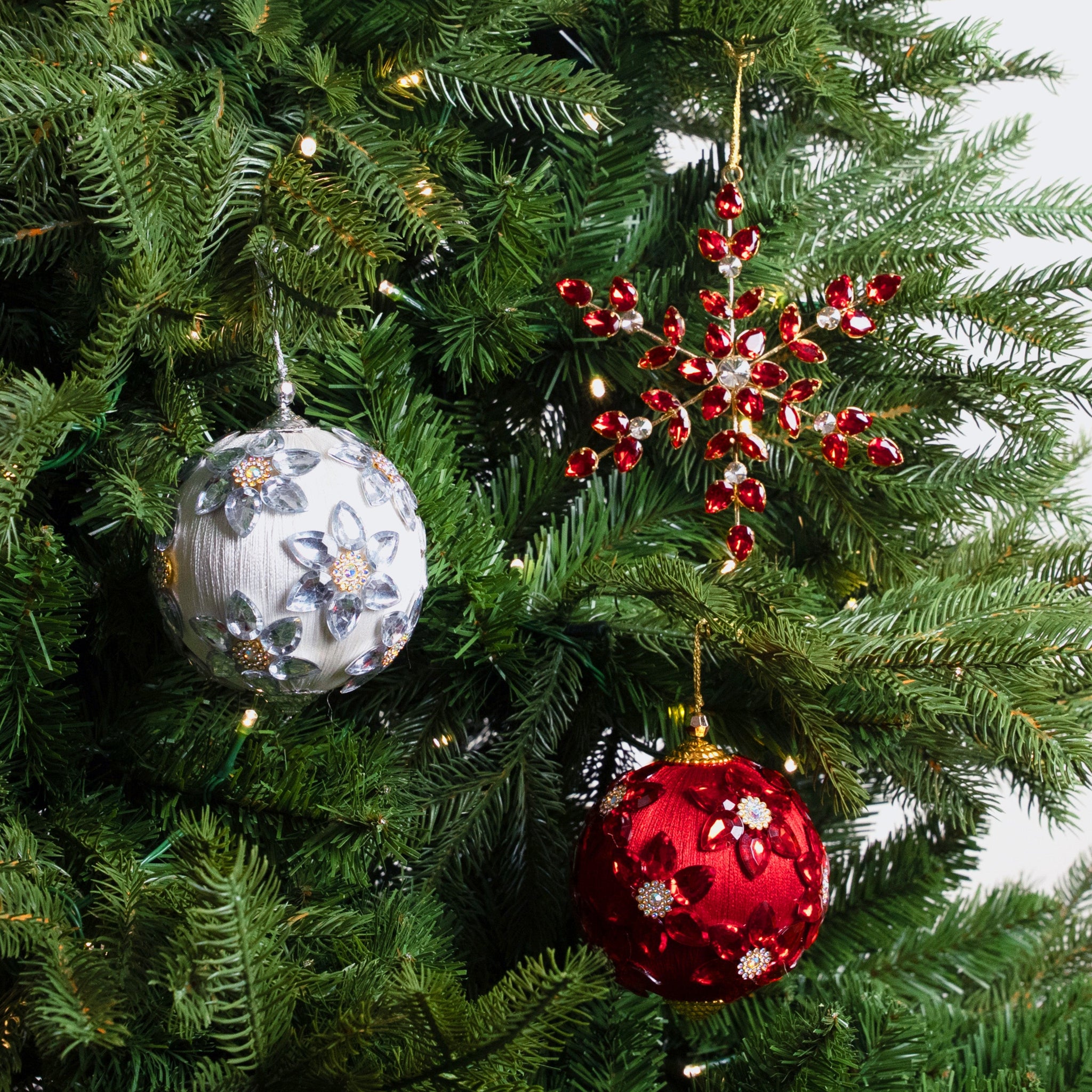 Red, White, & Silver Opulence Ornament, Ribbon, & Tree Skirt Bundle