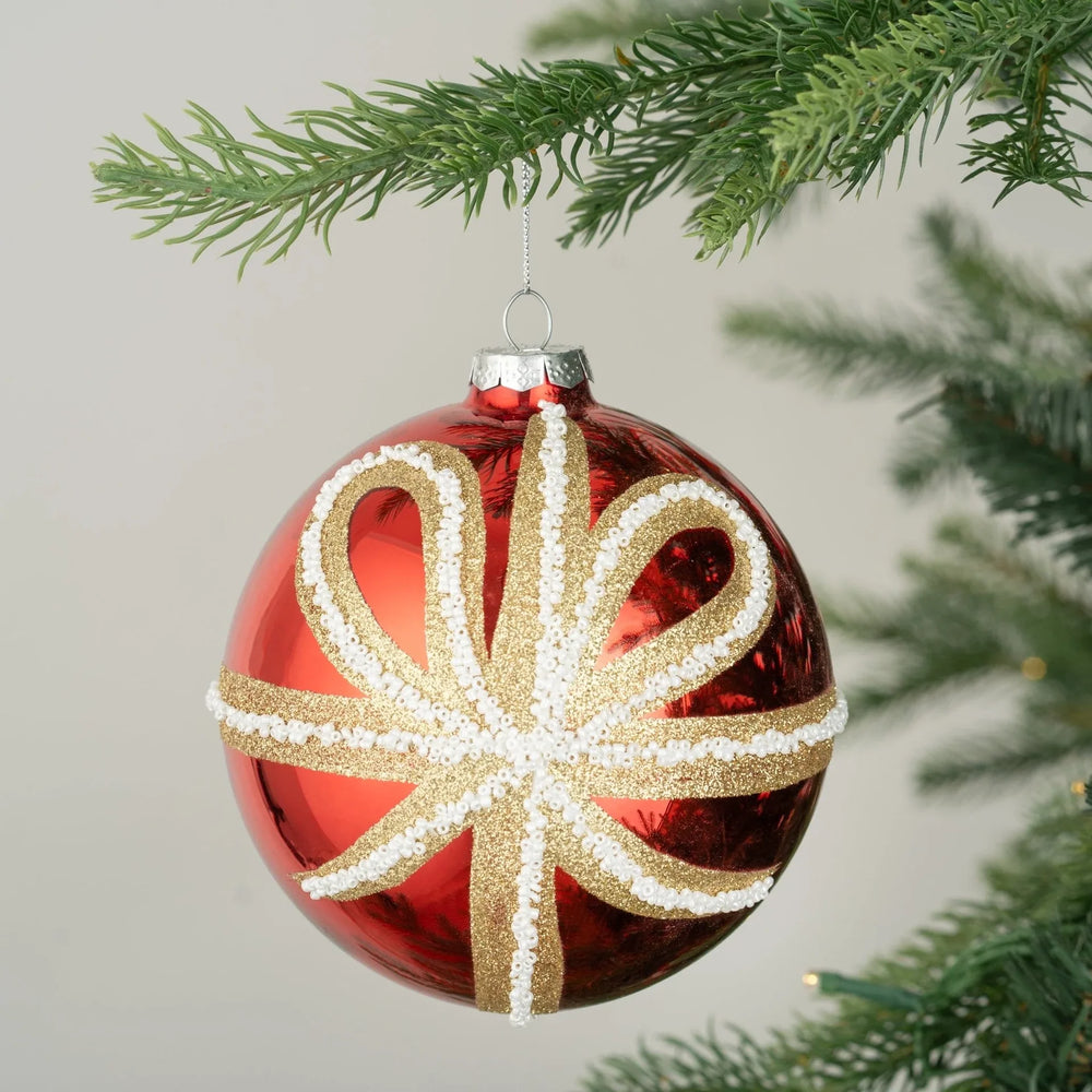5" Red Gold Glitter Glass Ornament With Pearl Bow